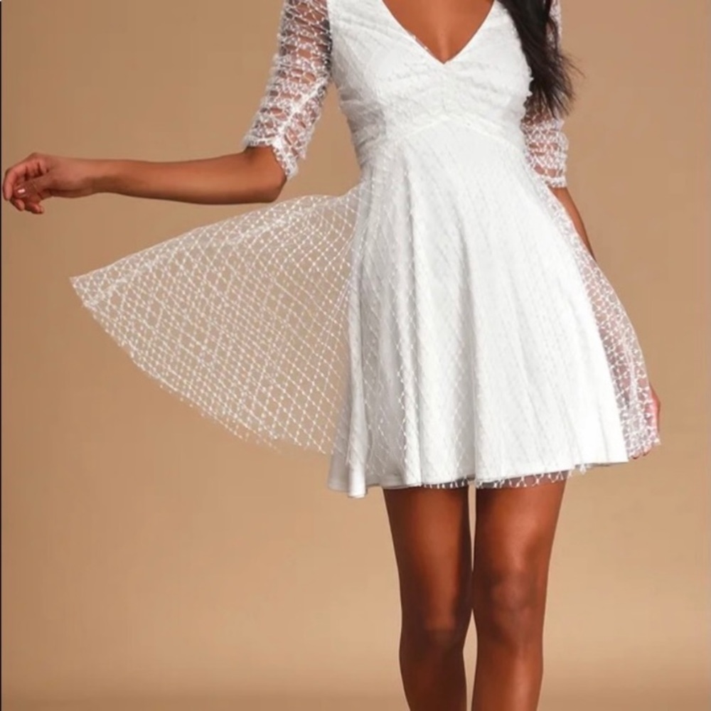 NWT Lulus Sunshine Stroll White Ruched Mesh Skater Dress